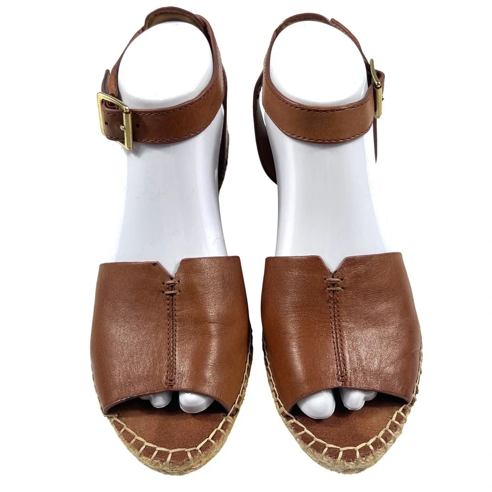 Clarks Artisan Tan Leather Espadrille Wedge Sandals Peep Toe Brown 6.5  GUC